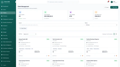 Clients Management Dashboard - B2B client portal interface for managing reseller and corporate accounts